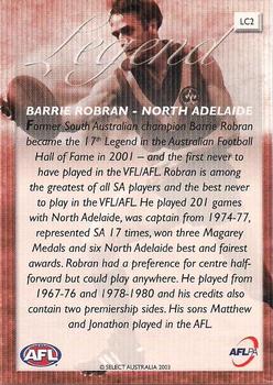 2003 Select XL AFL - Hall of Fame Legends #LGD15 Barrie Robran Back